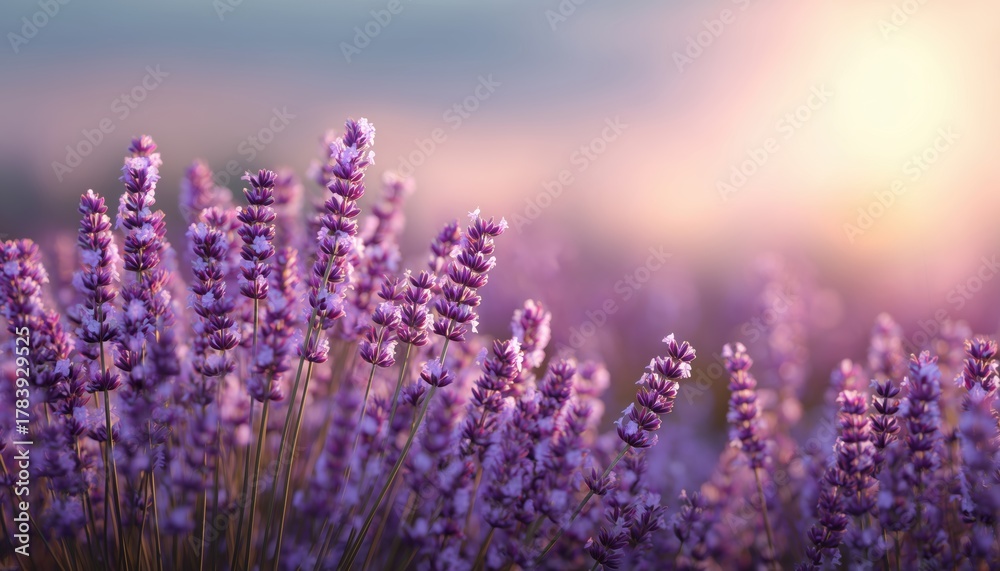 Naklejka premium Vivid Purple Lavender Flowers In A Summer Scenic Landscape - Violet Blooms With Sunlight And Bokeh In A Panoramic View.