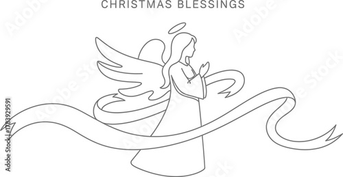 Angel with wings and halo holding a ribbon for christmas blessings design art