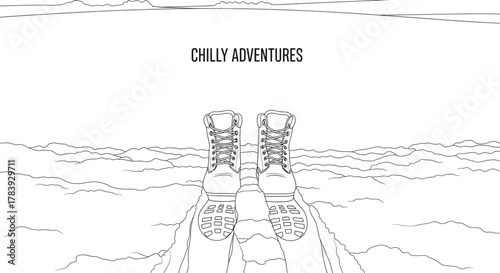 Boots stand ready for chilly adventures in a stark landscape illustration