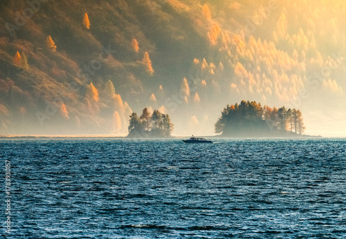 Panorama of atumn lake Sils (Silsersee) in Swiss Alps mountains, Maloja region, Upper Engadine,  Switzerland.