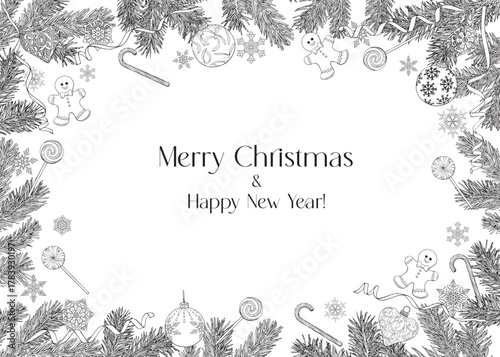 Christmas illustration frame fir branches candies gingerbread snowflakes ribbons. Vintage Line art Vector Background for design greeting card, holiday decor, poster. Hand drawn elements Black white