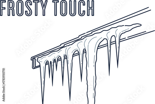 Line art illustration of icicles hanging from a roof with the words frosty touch