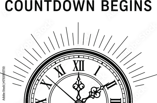 Countdown begins with a vintage clock face on a white background design art