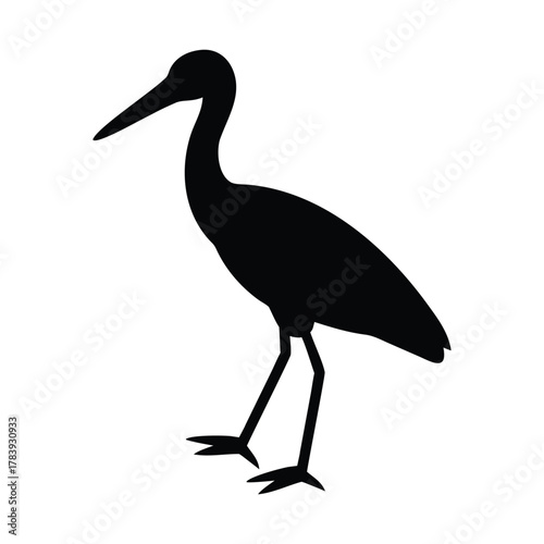 'Black wading bird silhouette standing on a white background'