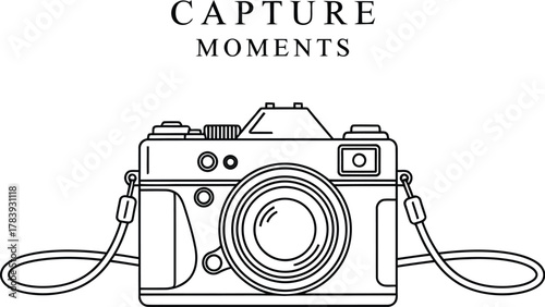 Minimalist line art of a vintage camera with the words capture moments above