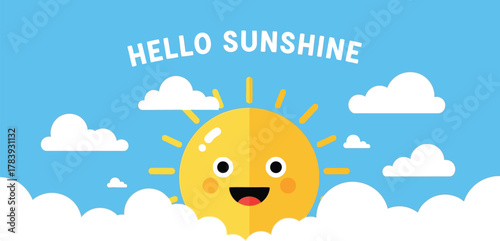 Cheerful cartoon sun shining brightly in a blue sky with fluffy white clouds
