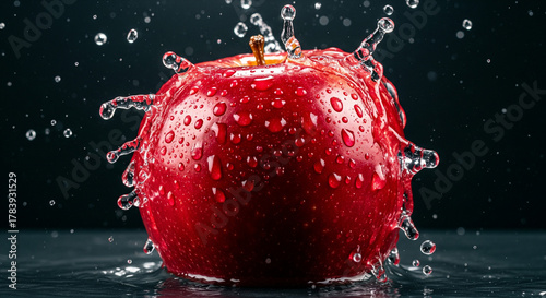 red apple with water splash