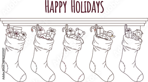 Colorful christmas stockings filled with gifts hanging above a fireplace mantel