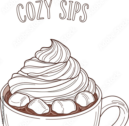 Illustrated cozy hot chocolate with marshmallows and whipped cream drawing art