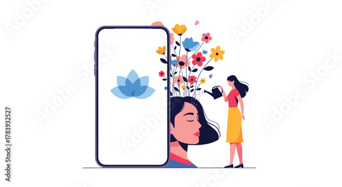 Woman watering flowers growing from a person's head next to a smartphone, symbolizing mental health, self-care, personal growth, and wellness apps.