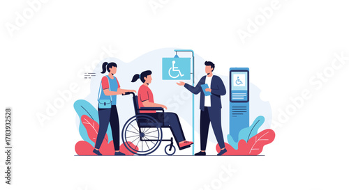 Inclusive scene showing a woman pushing another woman in a wheelchair, talking to a man near a disability access sign and information kiosk.