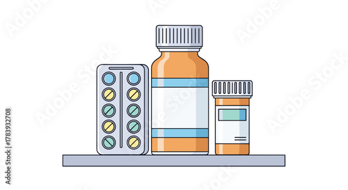 Various medication containers, including a blister pack of pills, a liquid medicine bottle, and a prescription pill bottle, arranged on a gray shelf.