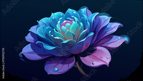 Very beautiful close-up of a single flower in the dark, illuminated by soft subtle light, with delicate water droplets on the petals and a realistic dramatic botanical atmosphere.