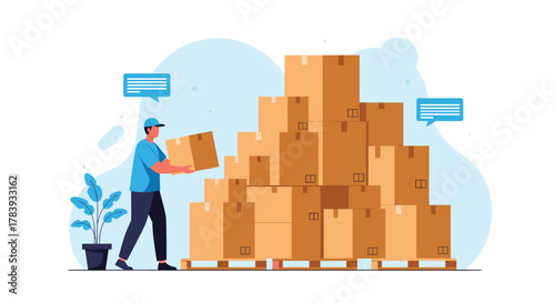 Warehouse worker in a blue shirt and cap carefully stacking cardboard boxes onto a large pile on a wooden pallet, with chat bubbles in the background.
