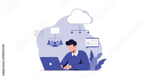 Professional man working on a laptop connected to cloud services, with icons for team collaboration, messaging, and user profiles in a modern office.