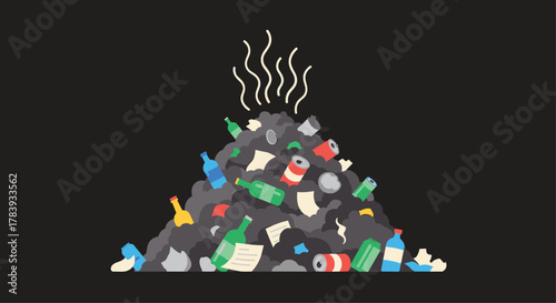 Large, steaming pile of garbage containing plastic bottles, cans, paper, and other waste, illustrating pollution and the need for recycling.