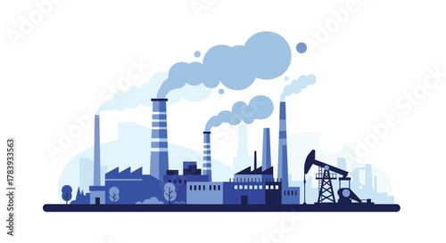 Industrial factory landscape with smoking chimneys and an oil pump jack, illustrating topics of manufacturing, pollution, and the energy industry.