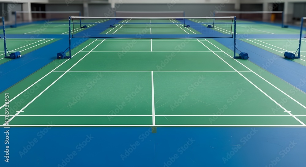 Obraz premium Indoor Badminton Court with Green Floor and Blue Out of Bounds Area