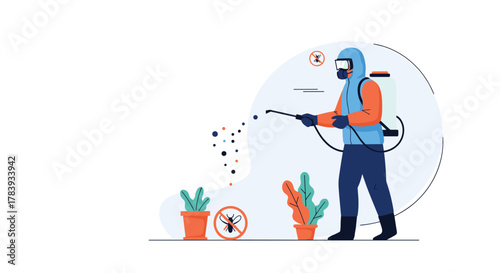 Pest control specialist in a protective suit and mask spraying insecticide to exterminate mosquitoes, with prohibited signs on potted plants.