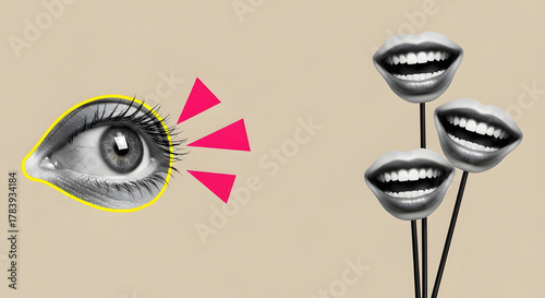Eye looking at three smiling mouths on sticks against beige background watching observing