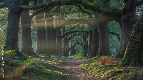 Sunbeams through ancient oak trees lining a forest path light rays ancient trees
