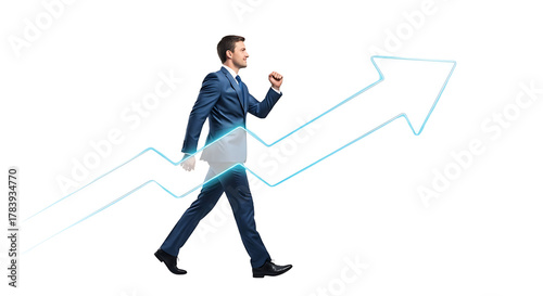 A motivated businessman in a suit confidently walks upwards on a rising arrow graph illustrating financial growth and career progression isolated on a transparent background Business PNG