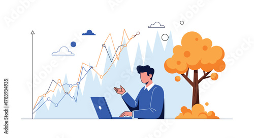Businessman at a laptop analyzing stock market data charts with upward trends, next to a tree, symbolizing investment growth and financial success.