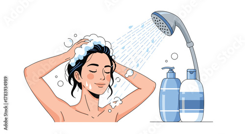 Young woman enjoying a relaxing shower, washing her hair with shampoo lather, with bottles of hair care products nearby on a clean white background.