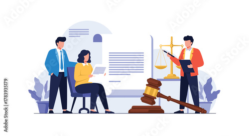 Legal consultation scene with lawyers advising a client, reviewing documents together with a gavel and scales of justice symbolizing the legal process.