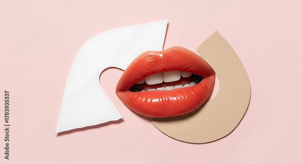 Obraz premium Open Coral Lips with White Teeth and Abstract Shapes open mouth coral lipstick