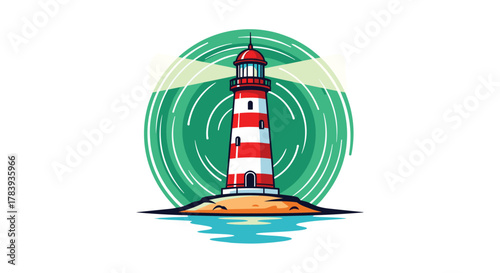 Stylized logo or icon of a red and white striped lighthouse on a small island, with its light beams creating a swirling green background pattern.