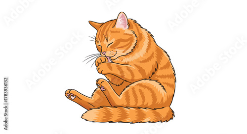 Adorable orange tabby cat sitting and meticulously grooming itself, licking its paw in a cute and realistic detailed cartoon illustration style.