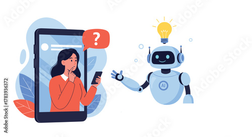 Woman on a smartphone asking a question to a friendly AI chatbot, which responds with a bright idea lightbulb, illustrating customer support technology.
