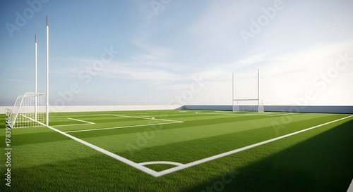 Gaelic football pitch with goalposts and netting under a blue sky
