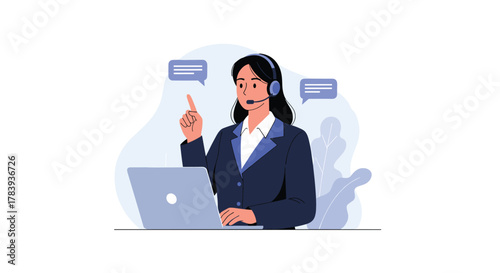 Professional female customer service representative with a headset, sitting at her laptop and providing support or assistance in a call center.
