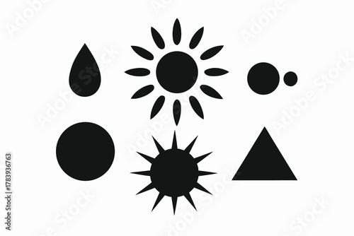 Black minimalist sun, droplet, circle, and triangle icons convey simplicity against a white backdrop