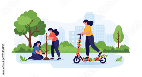 People participating in eco-friendly activities in a city park, including planting a new tree and riding an electric scooter decorated with flowers.