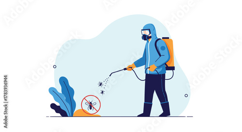 Exterminator in a full protective suit, mask, and backpack sprayer treating an area for mosquitoes, with a 'no mosquito' sign on the ground.
