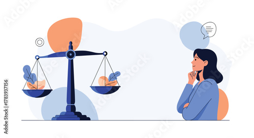 Thoughtful woman looking at a balanced scale, weighing two options or making a difficult decision, representing justice, ethics, or life choices.
