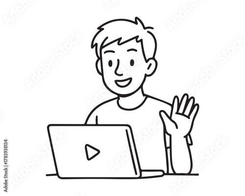 Cheerful young man waving hello during a video call on his laptop, perfect for remote work, online learning, or social connection illustrations