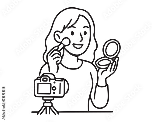 Charming beauty vlogger applying makeup for her online channel and sharing tips with her followers using a camera in a minimalist style drawing