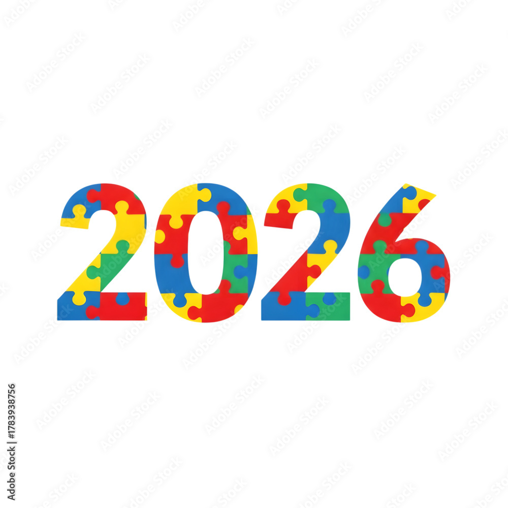 Fototapeta premium Colorful puzzle pieces form the year 2026 isolated on transparent background