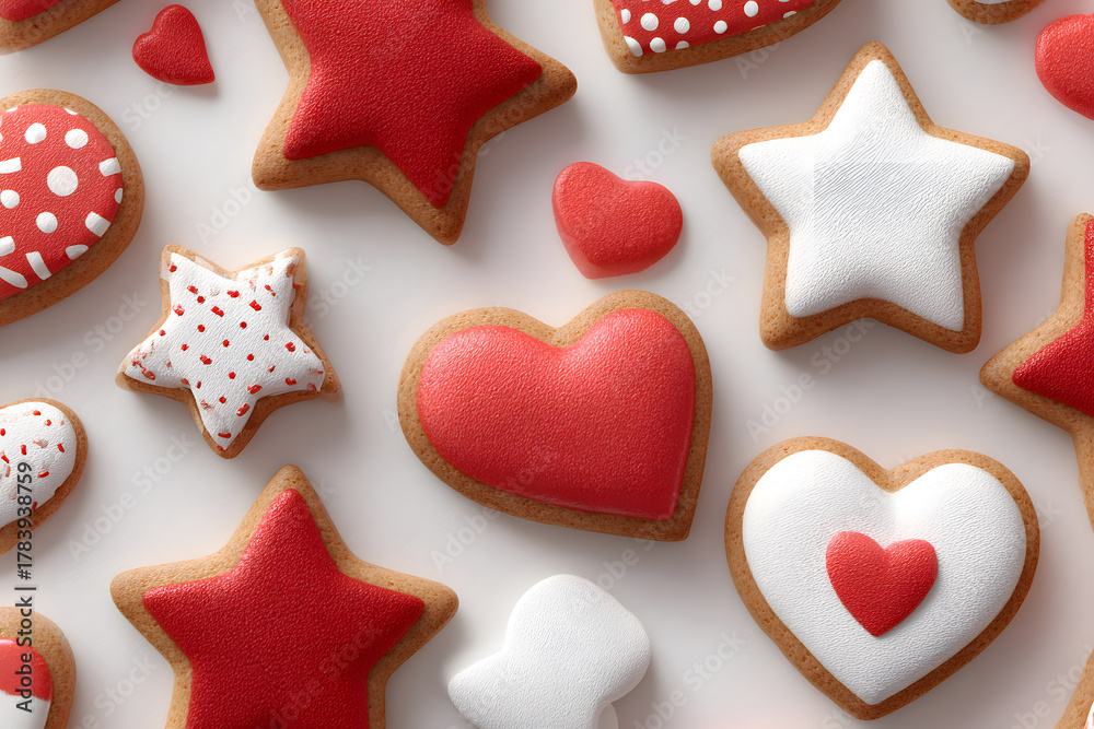 Obraz premium Colorful decorated cookies in the shape of hearts, stars, and circles for celebrations