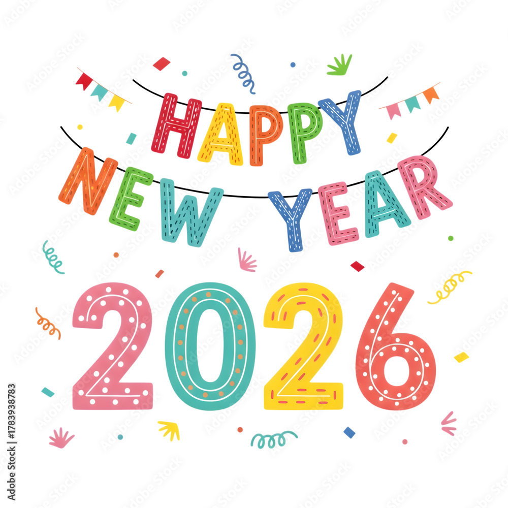 Fototapeta premium Happy new year 2026 colorful text and numbers isolated on transparent background