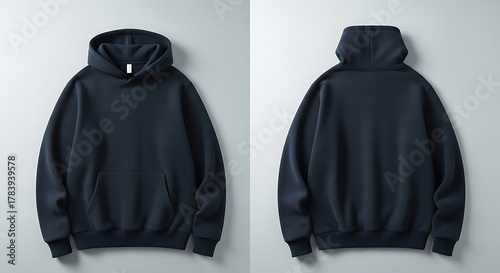 Navy blue hoodie with front pocket, front and back view
