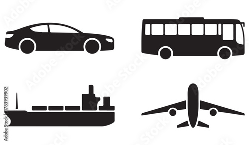 Transportation Silhouette Vector Set – Car, Bus, Ship & Airplane Icons for Travel & Logistics Design
