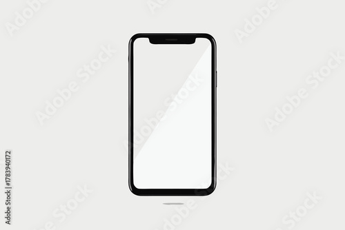 Sleek black smartphone displays a blank white screen with light reflection on transparent background