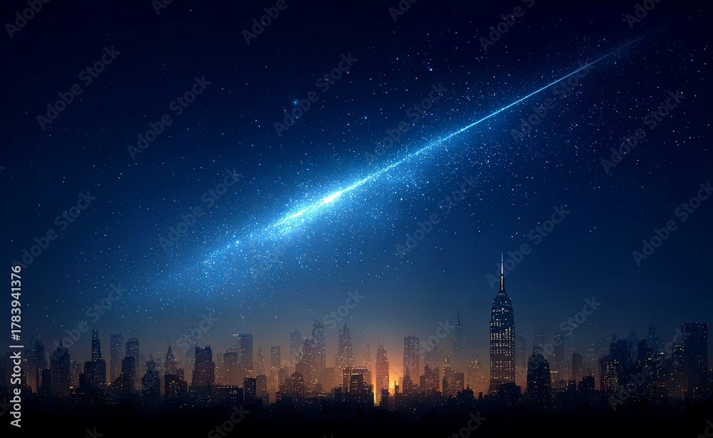 Fototapeta premium City skyline is lit up at night with a bright streak of light shooting across the sky