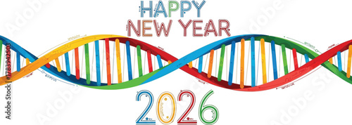 Celebrate new year 2026 with a vibrant dna strand design, symbolizing growth and innovation