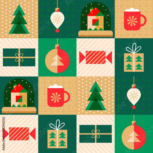 Seamless flat pattern with simple geometric drawings of tree, gifts, cocoa cup, candy, balls, and house. Bright minimal holiday design for winter decor.